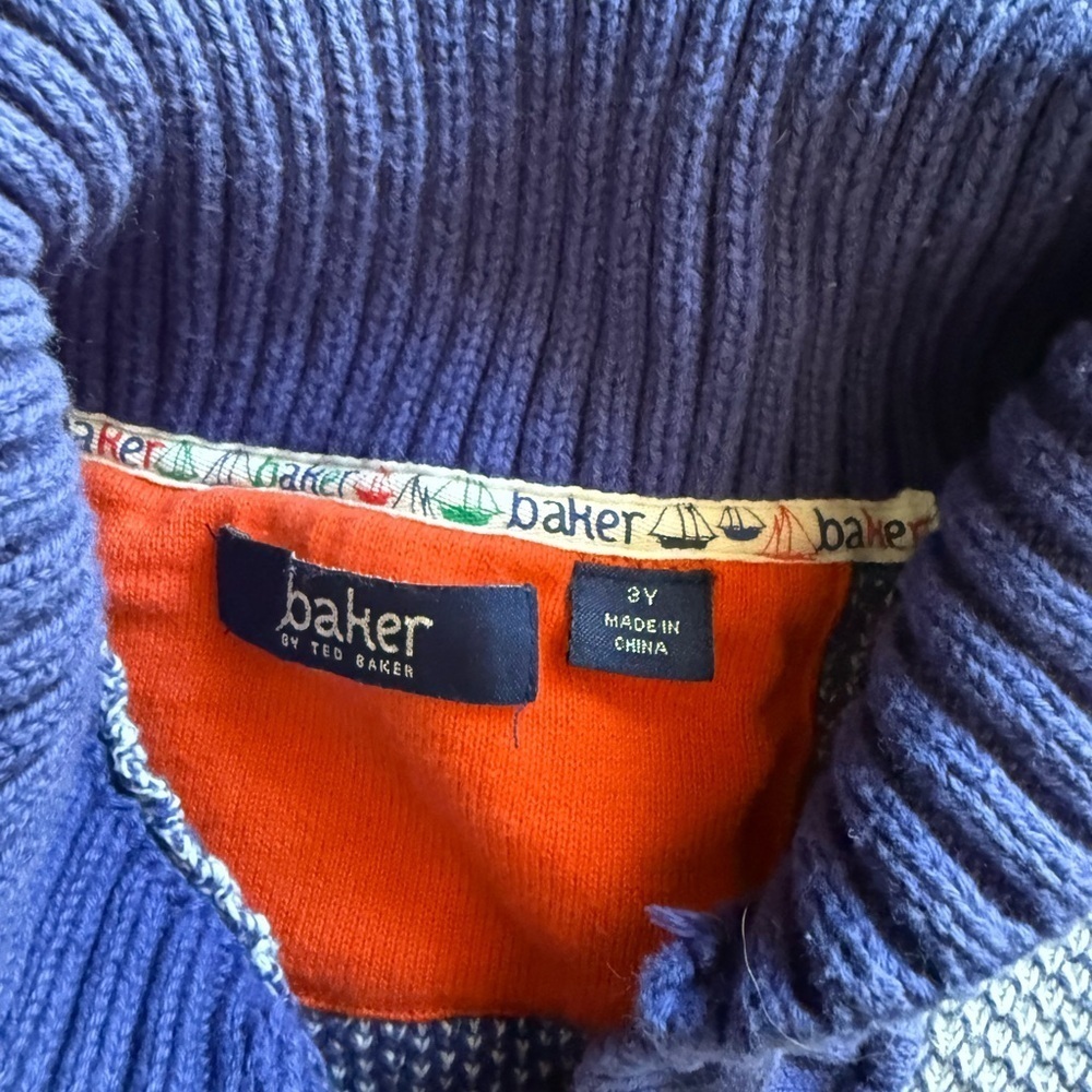 Baker by Ted Baker Blue and White Sweater with Shawl Collar-Size 3Y - Picture 4 of 5